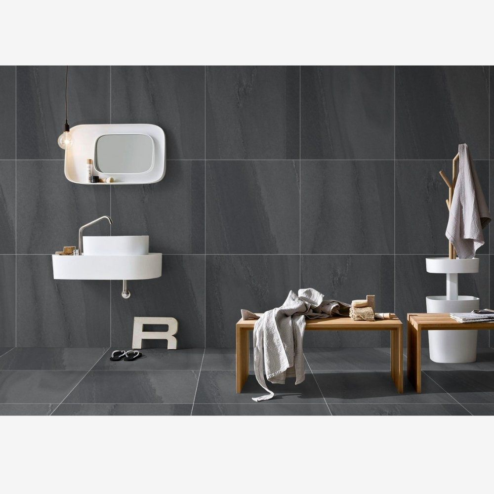 Cristal Anthracite Porcelain Stone Effect Tile Bathroom