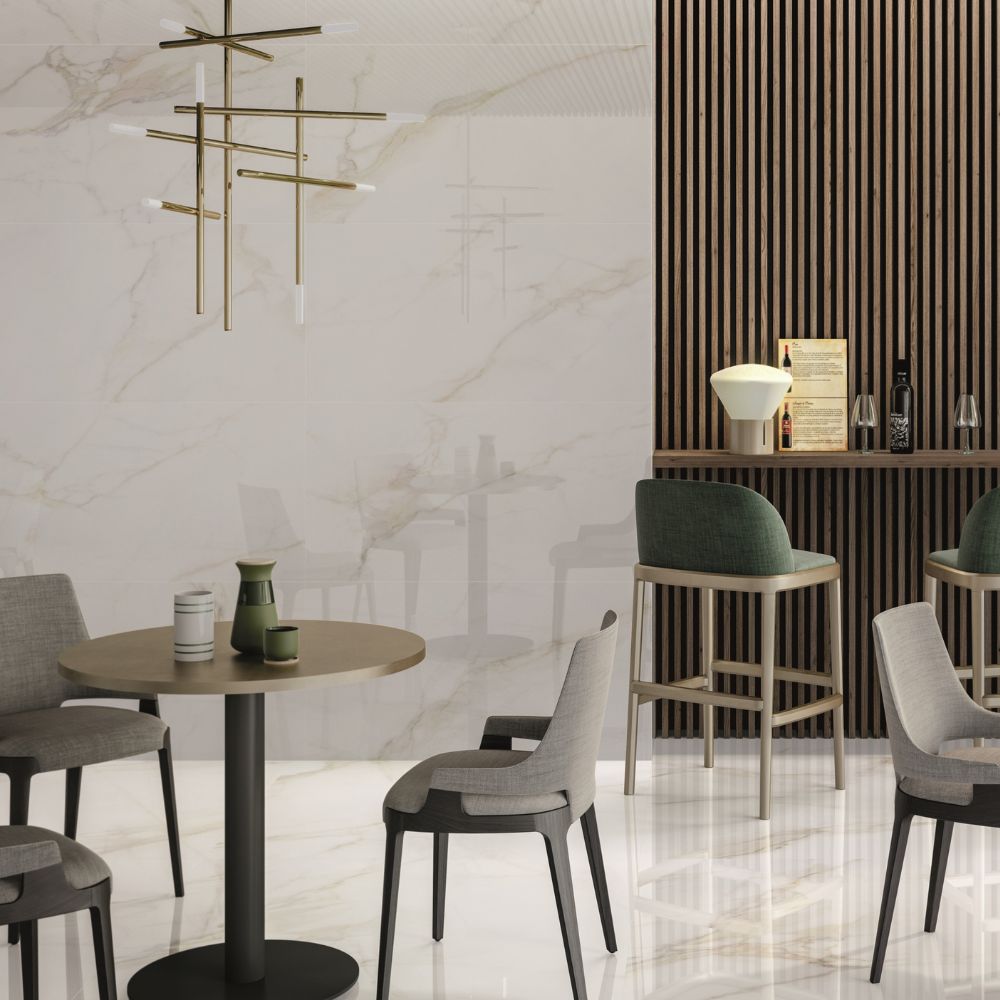 Forever Gold 120 x 120cm Polished Marble Effect Tile Dining Room Floor and Wall