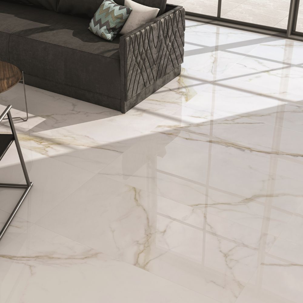 Forever Gold 120 x 120cm Polished Marble Effect Tile Living Room Floor