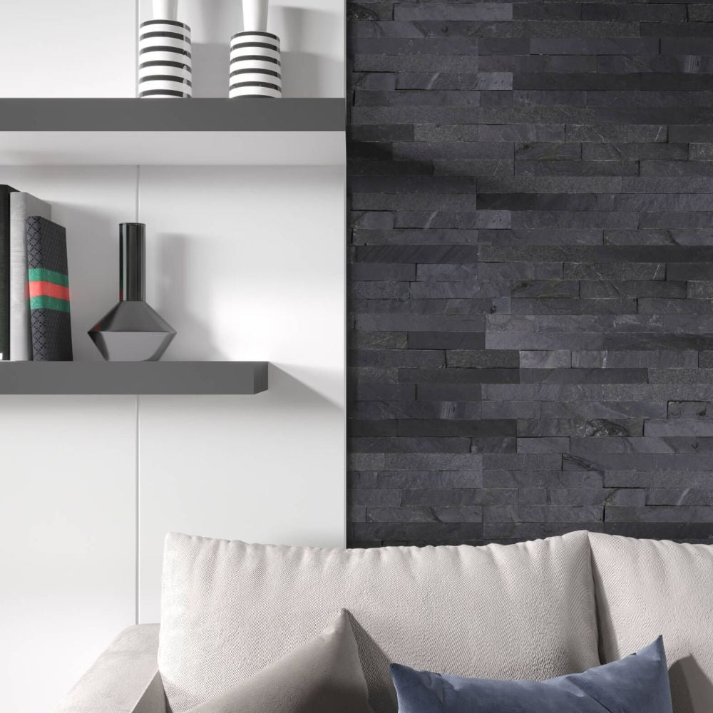 Imperial Black Riven Cladding 10 x 40cm Living Room Wall