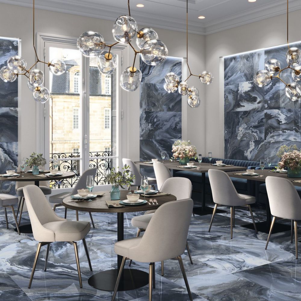 Nature HIve blue 60 x 120cm Pulido Onyx Effect Tile Dining Room