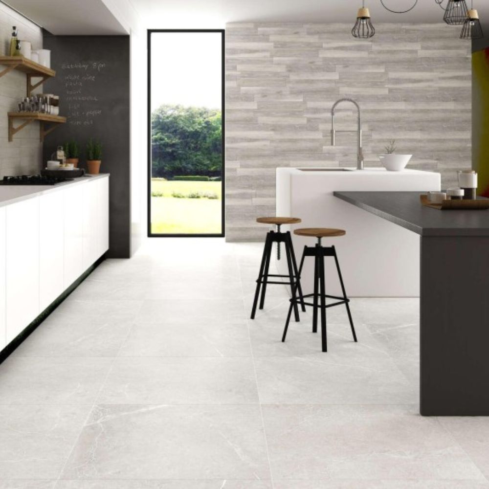 Nieve Stone Effect Matt Porcelain TIle White Kitchen