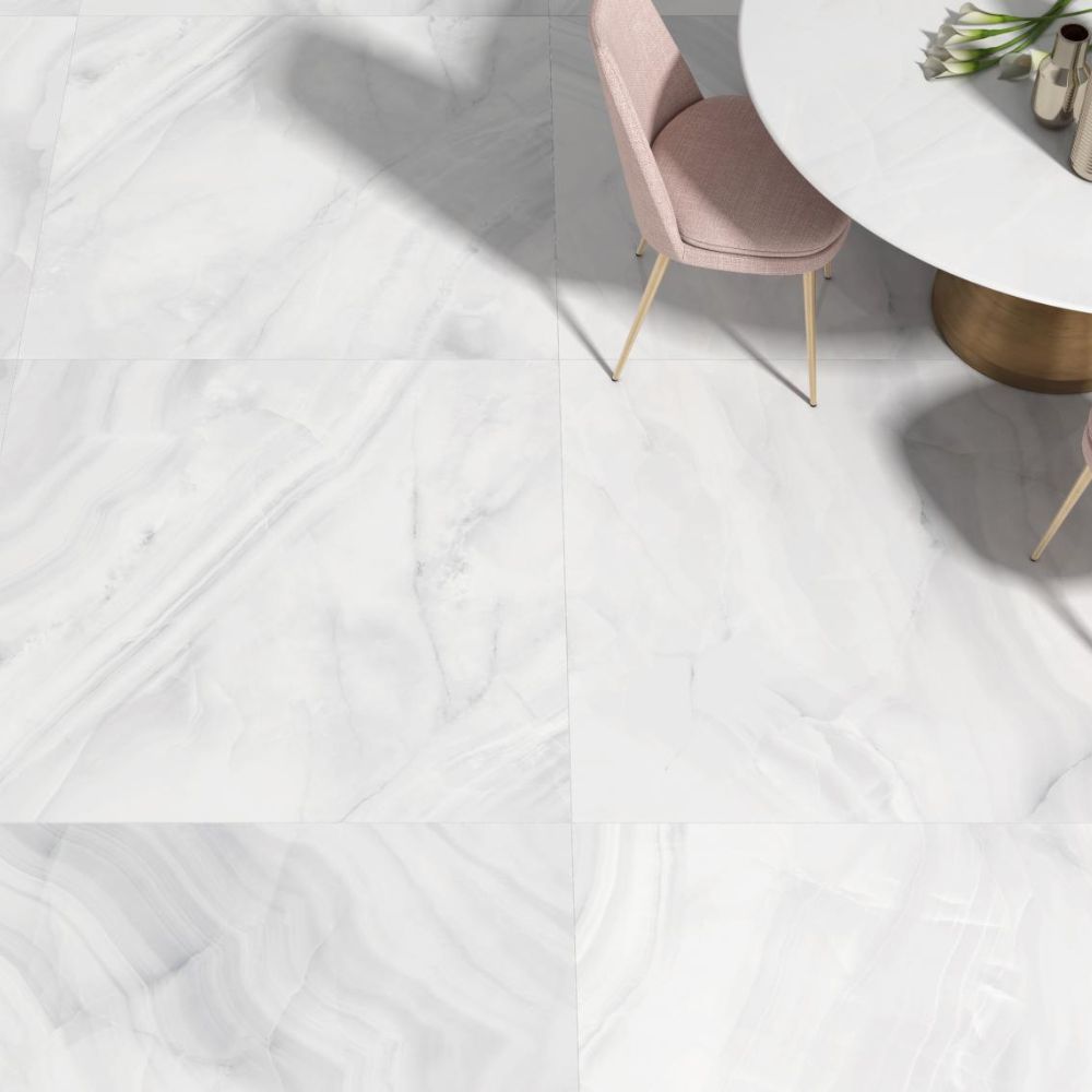 Onix White Polished Onyx Effect Porcelain Tile Dining Room Floor