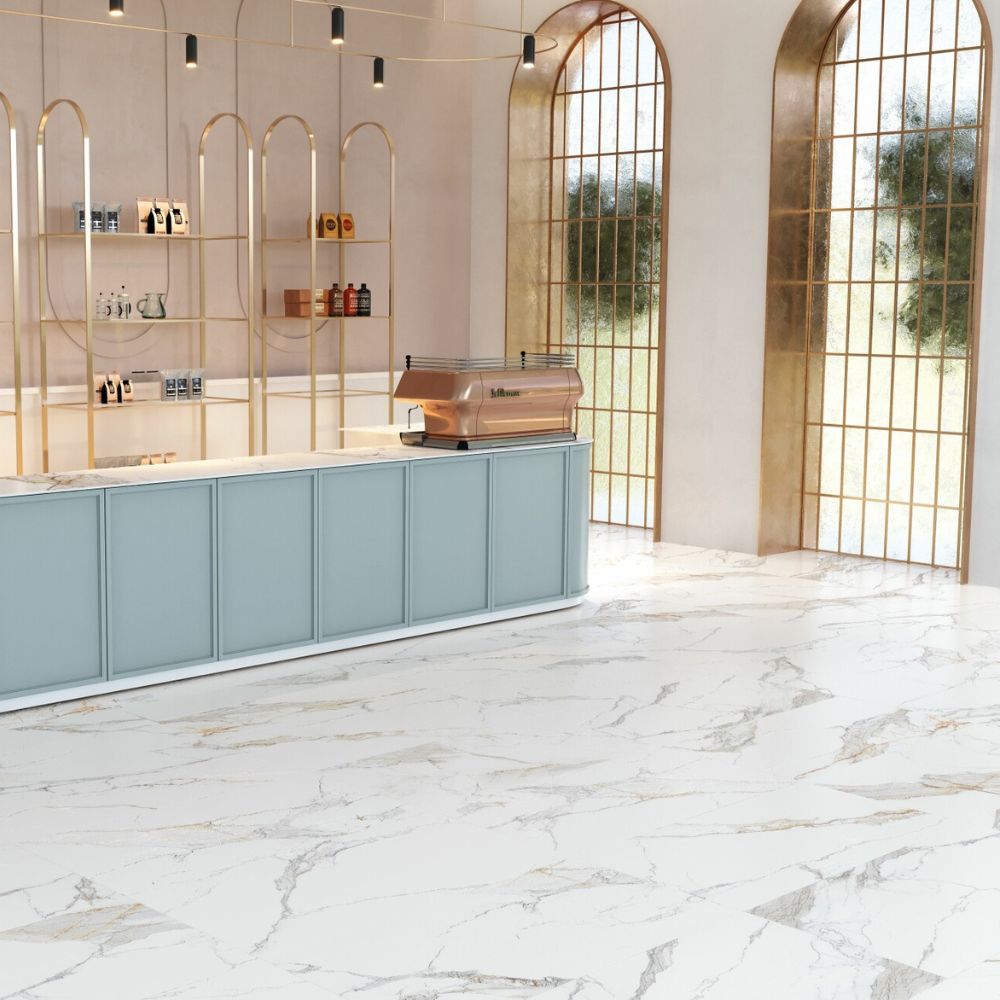 Pacco Gold White Marble Effect Tile 60 x 120cm kitchen floor