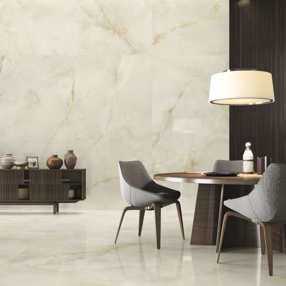 Quintos Cream Pulido 120 x 120cm ONyx Effect Tile Living Room Floor and Wall