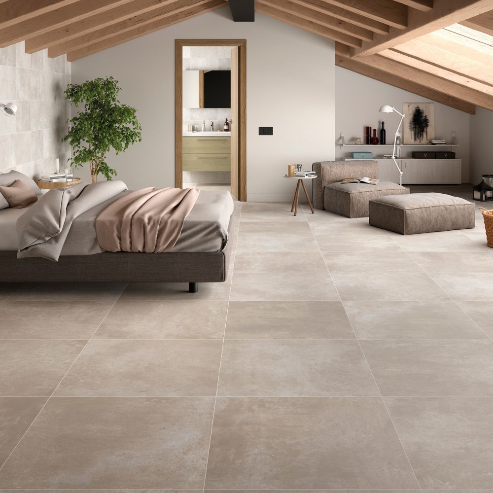 Roper Taupe Stone Effect Porcelain TIle 75 x 75cm Bedroom