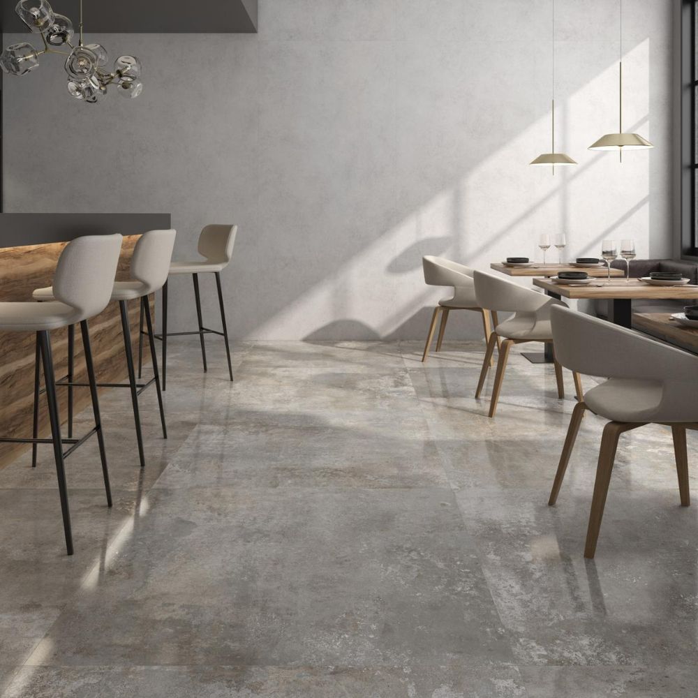 Rustico Silver Polished Stone effect porcelain tile Dining Room FLooring