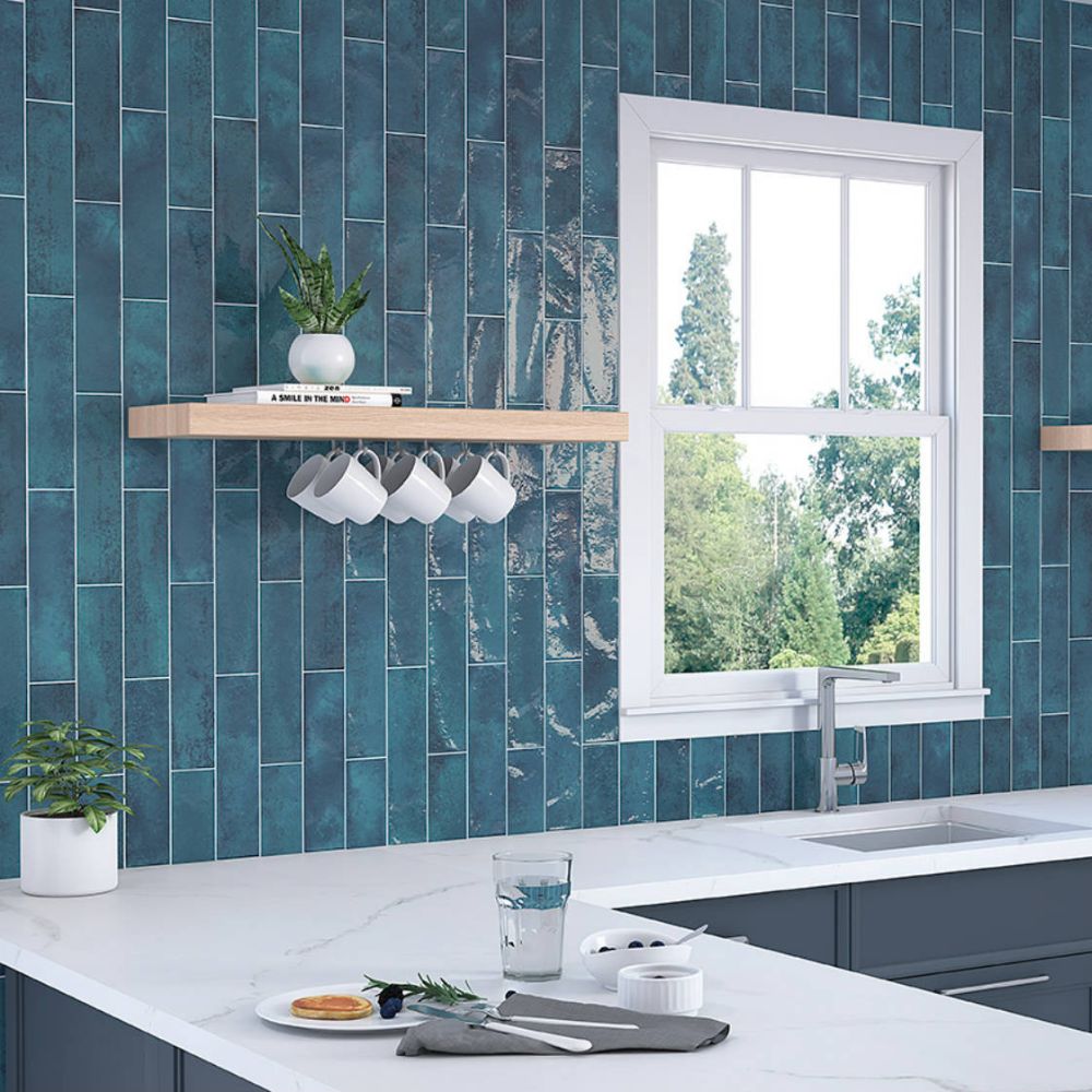 Tennesse Blue 7.5 x 30cm Blue Polished Subway Tile Kitchen