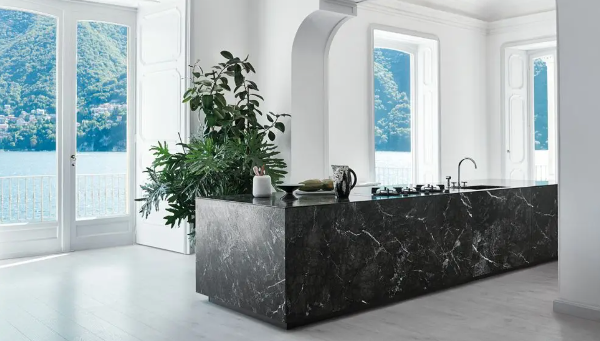 Kitchen with black marble island